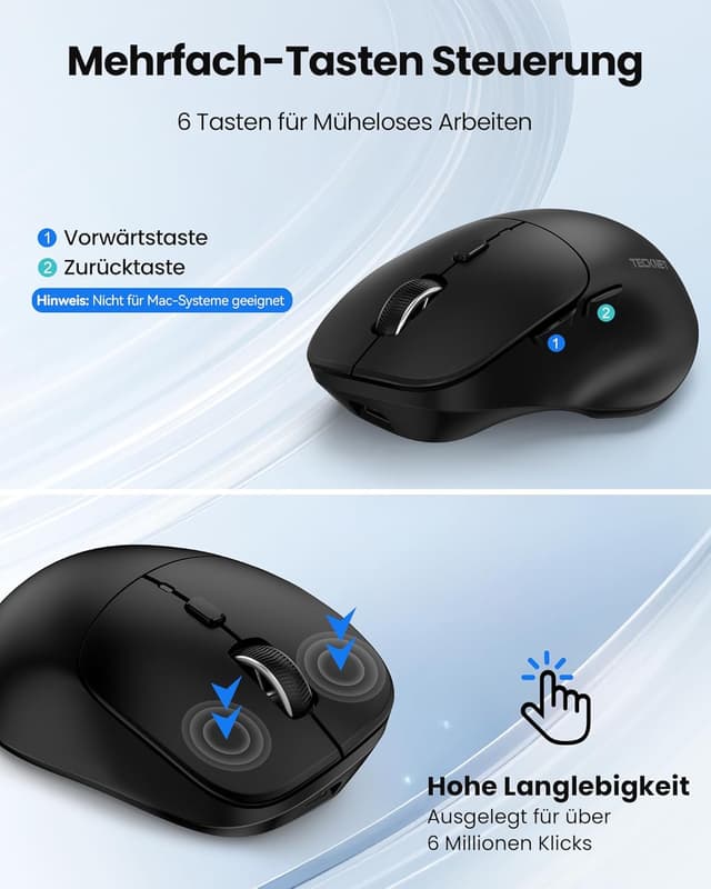 Detalle 2 de TECKNET Bluetooth Maus wiederaufladbar (Tri-Modi: BT 5.0/3.0 + 2.4G) mit ergonomischer Daumenauflage und 4.800 DPI