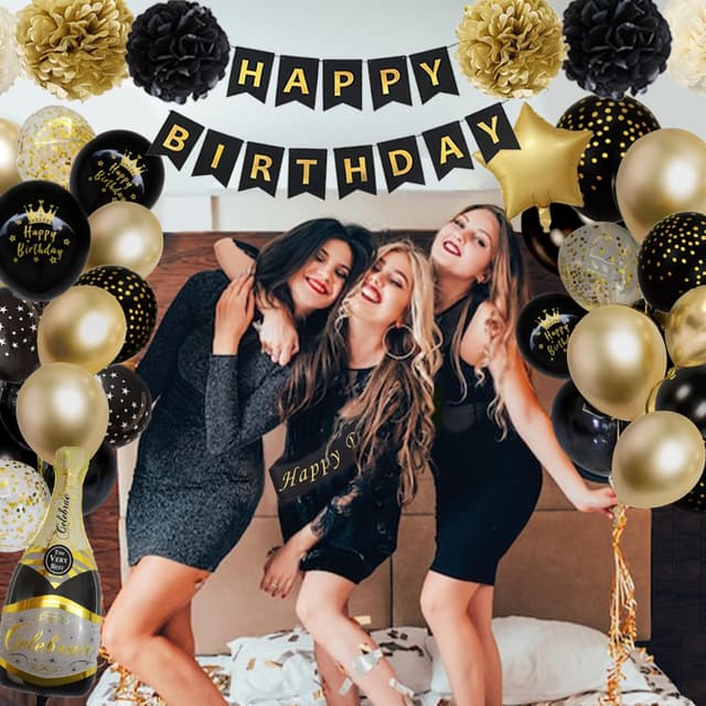 Detalle 2 de Schwarz-Gold Geburtstagsdeko Party Set mit Happy Birthday Banner, Ballons, Pompons und Lametta