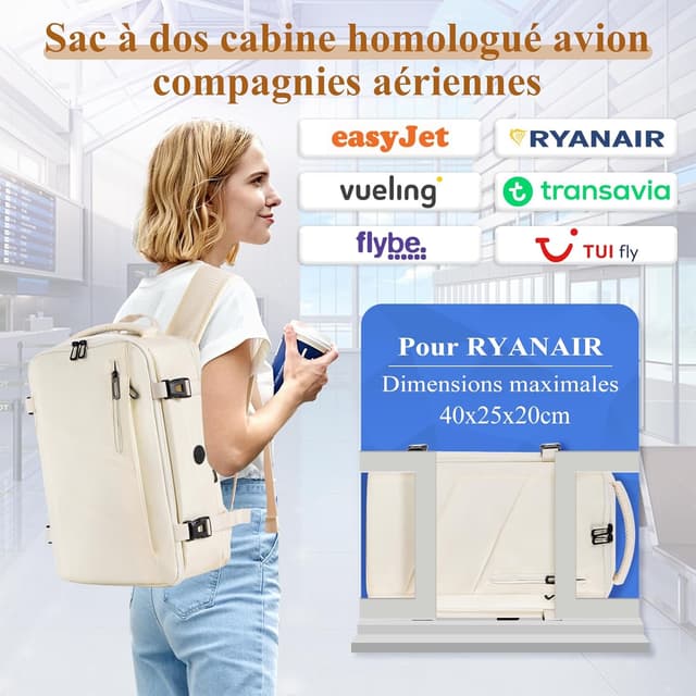 Detalle de Gluckstar sac à dos de voyage cabine 40x20x25 pour Ryanair (40x20x25, beige) avec compartiment ordinateur jusqu’à 14 pouces