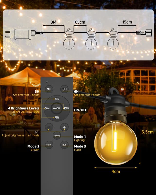 Thumbnail 6 de Bowfar Außen-Lichterkette mit G40-Glühbirnen, 15 m, IP68, dimmbar & mit Fernbedienung (23+2 Stk)