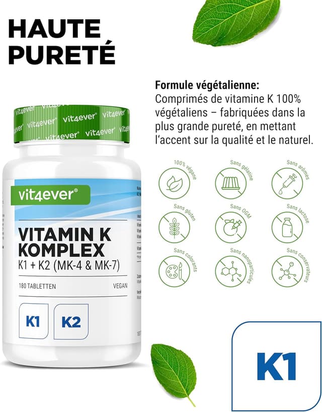 Detalle de Complexe Vitamine K vit4ever – 180 comprimés vegan (K1, MK4 & MK7) très dosé
