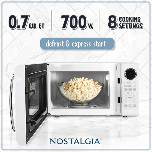 Detalle de Nostalgia Retro Microwave Oven (0.7 Cu Ft, 700-Watt) with Glass Turntable, Child Safety Lock, 8 Auto-Cook Programs & Digital Clock (White)