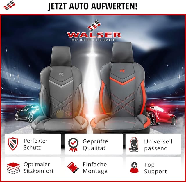 Detalle de Walser Sitzauflage Auto Rey Sitzschoner für Vordersitze schwarz/rot im Rennsport-Design