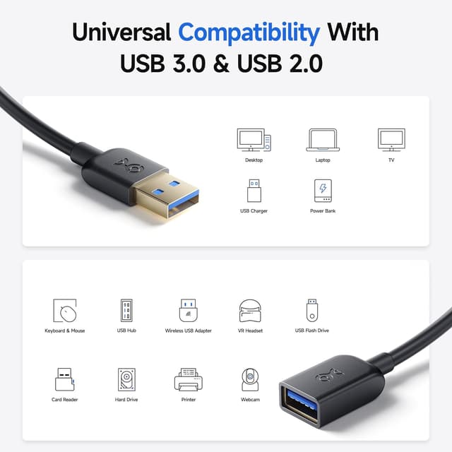 Detalle de Cable Matters 5Gbps Long USB Extension Cable (10ft) — USB 3.0 Male to Female Extender for Webcam, VR, Printer, Hard Drive, Black