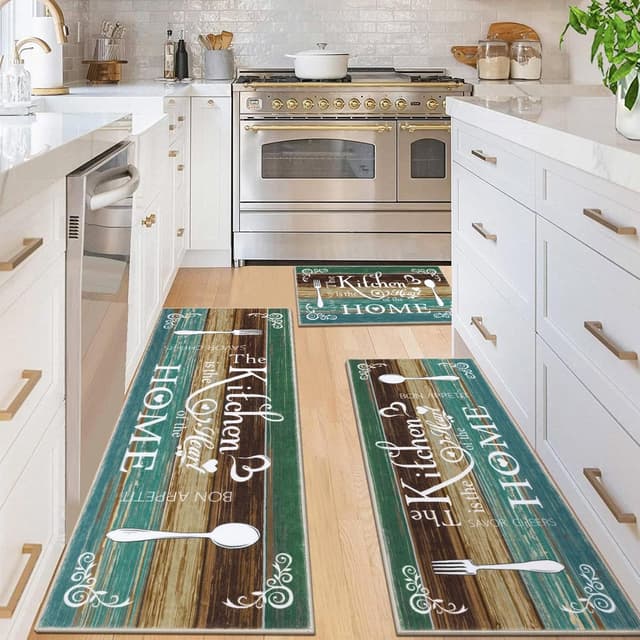 Detalle de Vaukki Boho Kitchen Rug Sets (3-Piece) — Washable Non-Slip Kitchen Mats for Floor, Teal