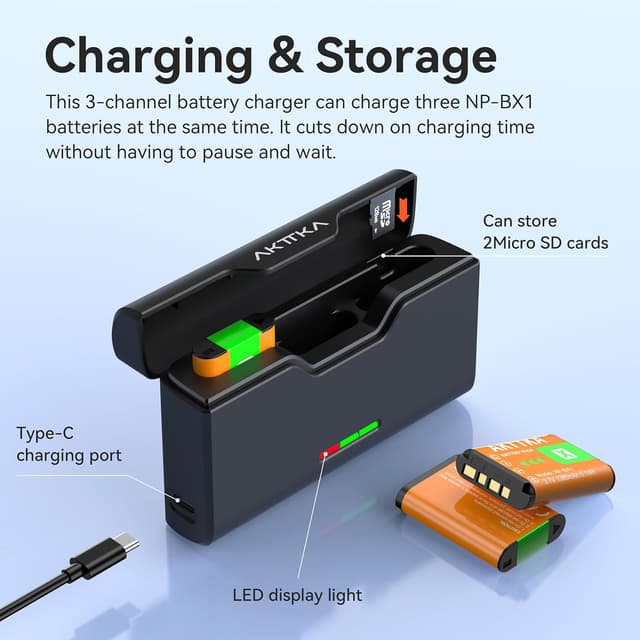 Detalle de AKTTKA confezione da 3 batterie NP-BX1 da 1380 mAh + caricabatterie a 3 porte con USB-C