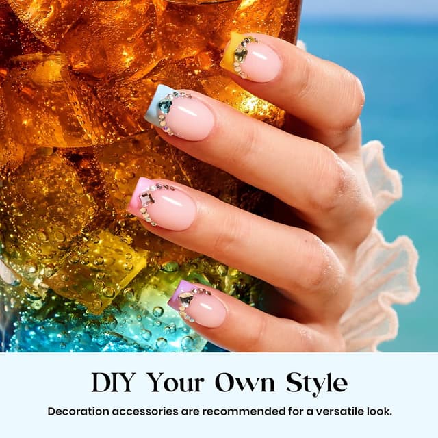 Detalle de Beetles Summer Press On Nails (224 pcs, 7 colors) Short Square French Tip False Nails