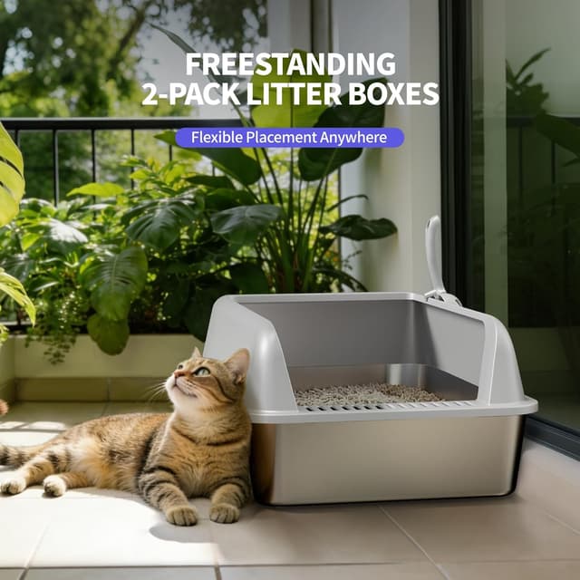 Detalle 2 de Fusblom 2 Pack Stainless Steel Cat Litter Tray with Scoops (High-Sided, Non-Sticky) – Dark Grey & Light Grey