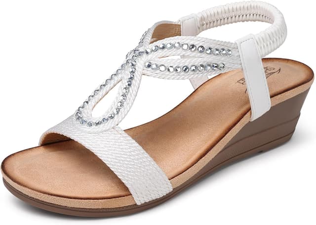Detalle de SHIBEVER White Wedge Sandals for Women (Low Wedge, Open Toe, Rhinestone & Jeweled Look)