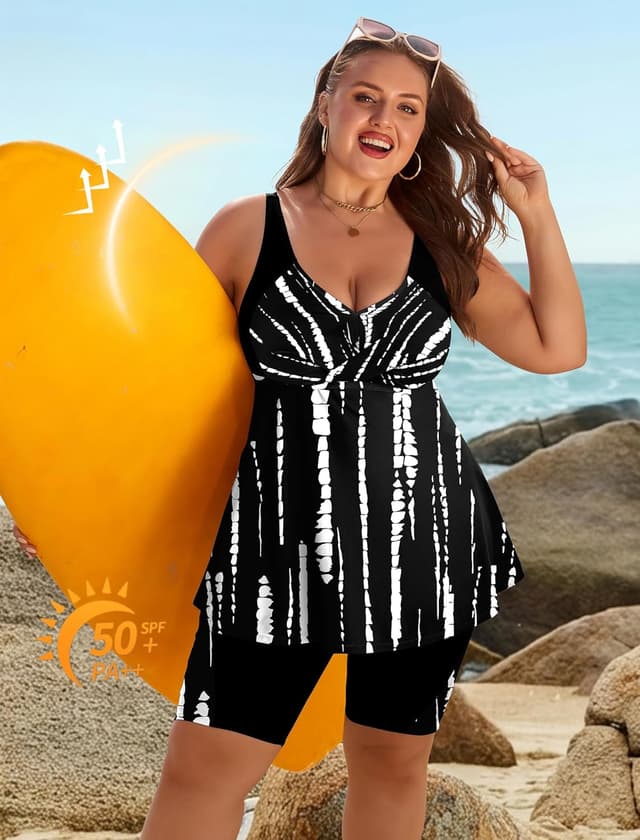 Detalle de Arolina Plus Size Two-Piece Modest Tankini Swimsuit with Shorts (Tummy Control)