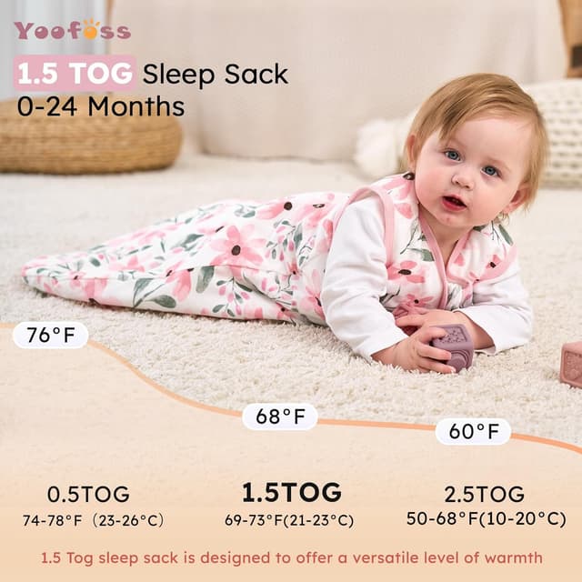 Detalle de Yoofoss Baby Sleeping Bag 1.5 Tog (12–18 Months) – Organic Cotton Sleep Sack for Winter