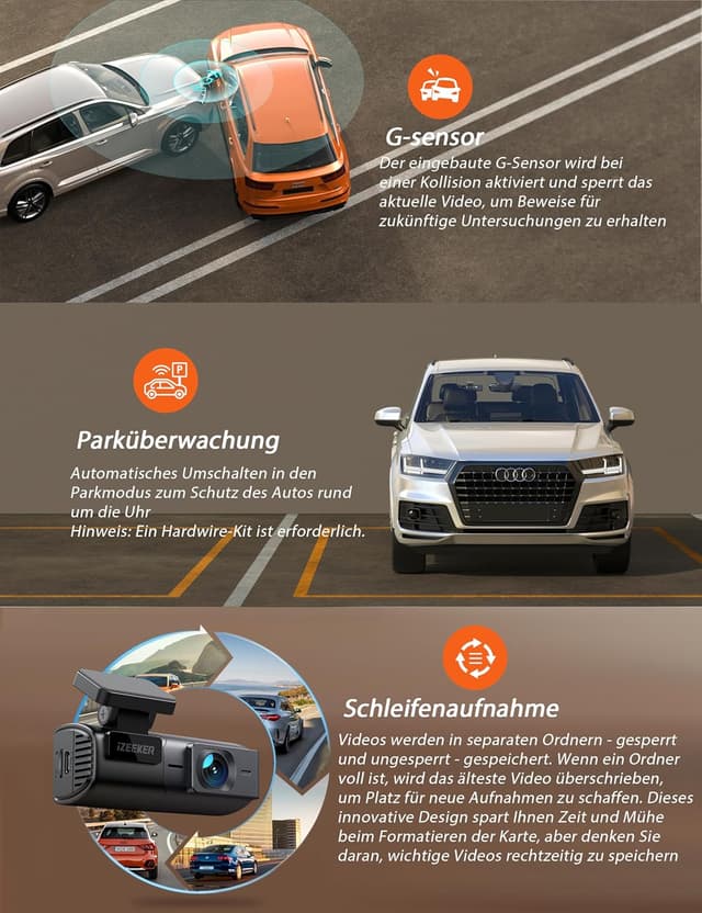 Detalle 2 de iZEEKER 2,5K Dashcam 1440P mit WLAN und 32GB SD