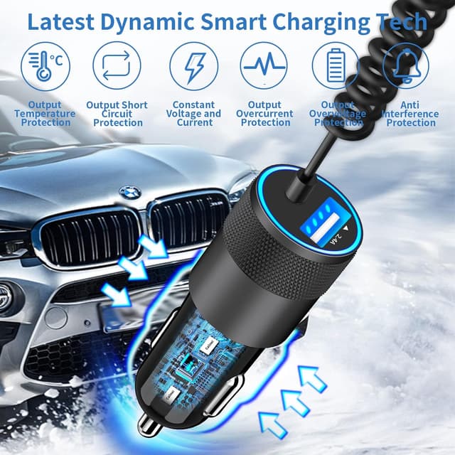 Detalle de Caiinei MFi Certified 4.8A Dual USB Car Charger with 6FT Coiled Lightning Cable