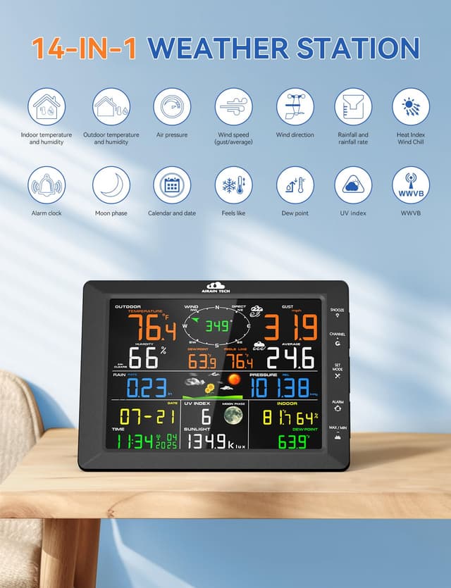 Detalle 2 de AIRAIN TECH 14-in-1 Wireless Weather Station (No WiFi) with Outdoor Sensor