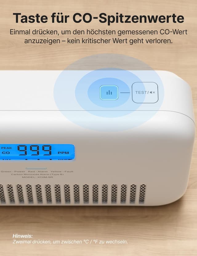 Detalle 2 de X-Sense XC0M-SR Kohlenmonoxid-Melder mit Temperatur- & Feuchtigkeitsüberwachung und Sprachansagen (1 Stück)