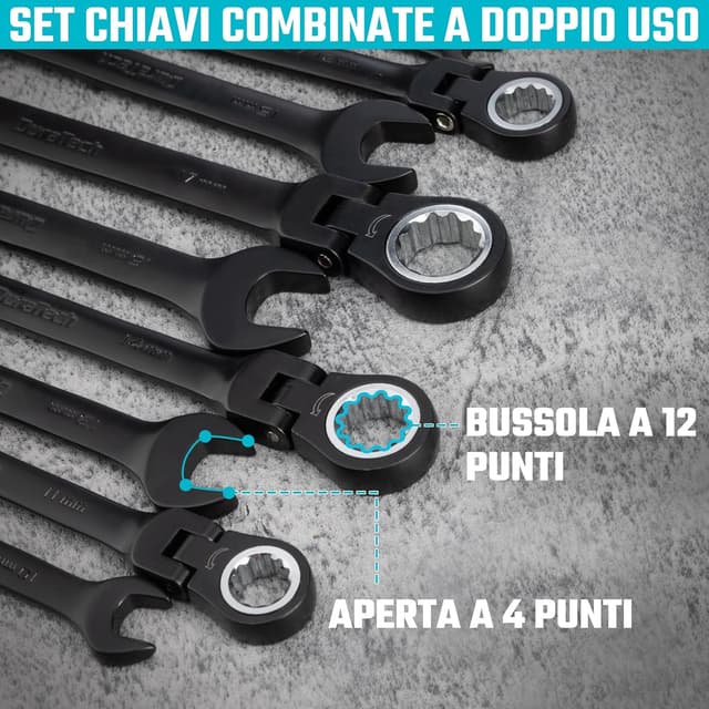 Detalle de DURATECH set di chiavi combinate a cricchetto con testa flessibile, 72 denti (9 pezzi) con custodia