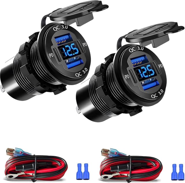 Detalle de HCGZHEN Upgraded 12V USB Charger (4 Ports) with LED Voltmeter — Aluminum Car Outlet, Pack of 2