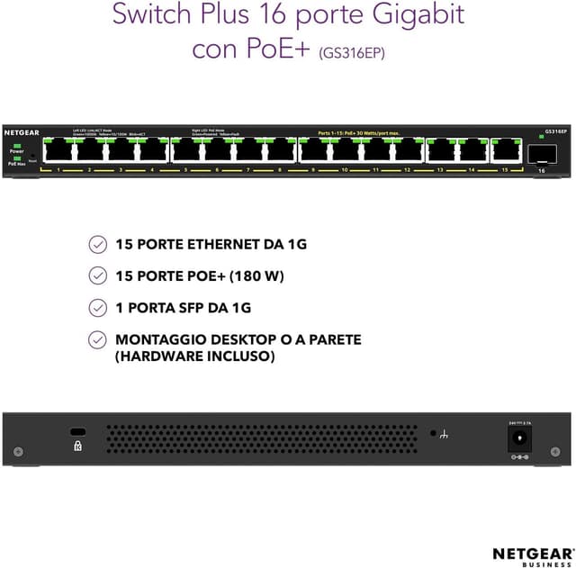 Detalle 2 de NETGEAR Switch Ethernet PoE Unmanaged 16 porte GS316P: 16 PoE+ fino a 115 W