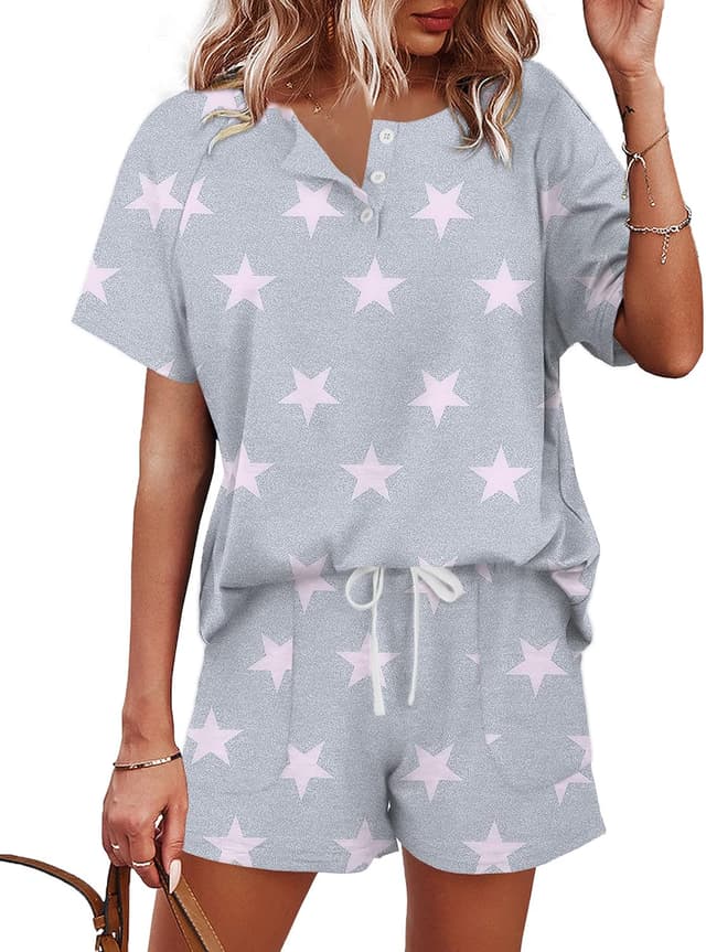 Detalle de WIHOLL Two-Piece Lounge Set for Women: Button-Down Top and Drawstring Shorts