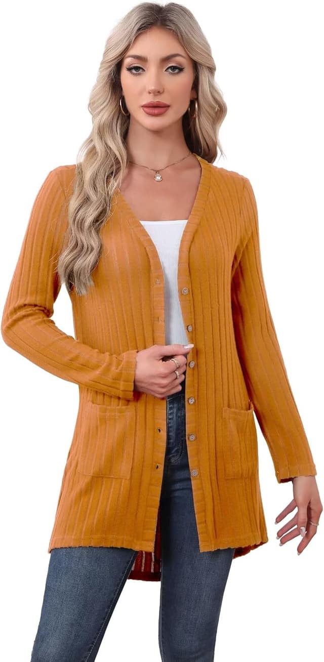 Detalle de YGJIEGENG Women’s Long Sleeve Open-Front Cardigan with Pockets, Ribbed Knit (M–3XL)