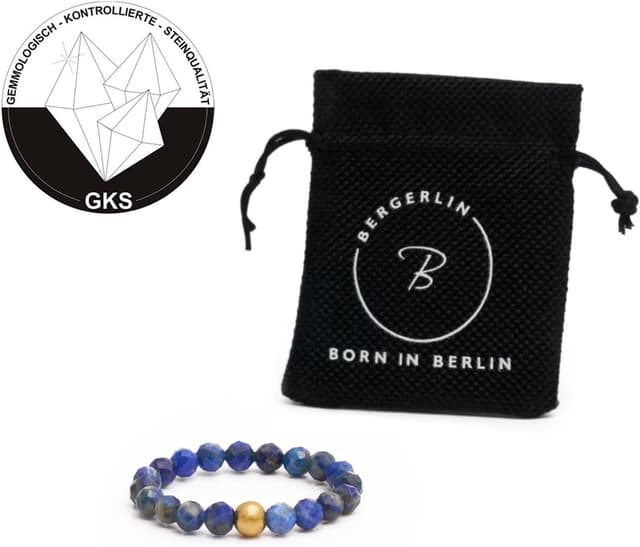 Detalle de BERGERLIN Echter Naturstein Perlen Ring mit Lapislazuli, vergoldeter Perle & EPI-Zertifikat – Unisex Anti-Stress Ring