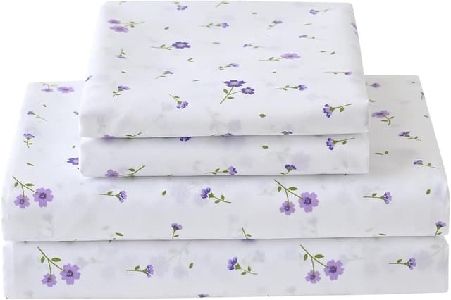Detalle de softan Purple Floral King Bed Sheet Set with 15-inch Deep Pocket Fitted Sheet & Non-Slip Straps