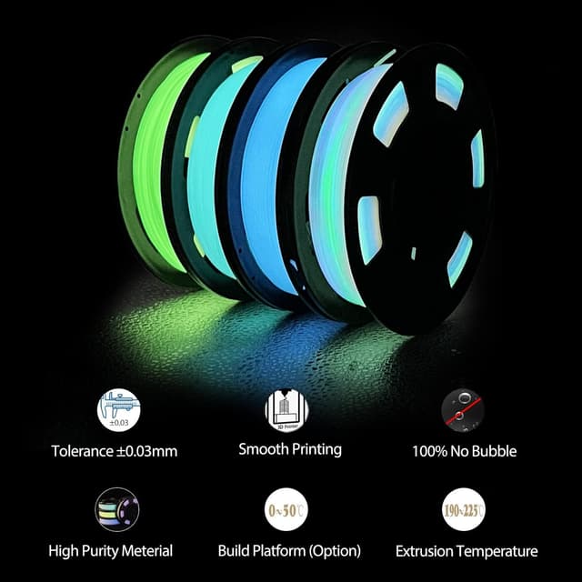 Detalle 2 de iSANMATE Glow PLA 1,75 mm Bundle (4 Spulen) – Glow-in-the-Dark Filament in Grün, Blau, Rainbow