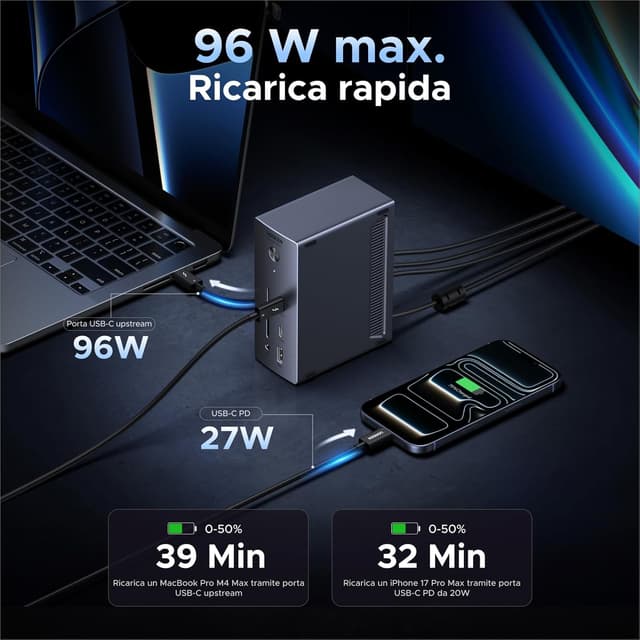 Detalle de UGREEN Revodok Max Dock Thunderbolt 4 13 in 1 con 2 porte TBT4, DisplayPort, RJ45 e doppio slot SD/TF