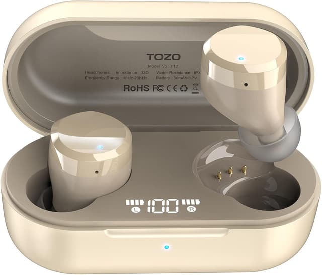 Detalle de TOZO T12 Wireless Earbuds (Bluetooth 5.3) with touch control and wireless charging case