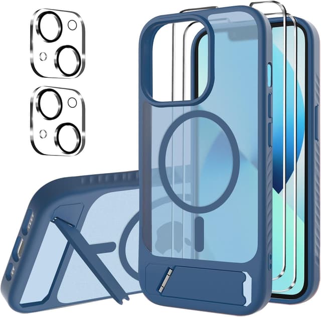 Detalle de Coque magnétique jrester pour iPhone 13 avec support et protections (TPU/PC) – Bleu