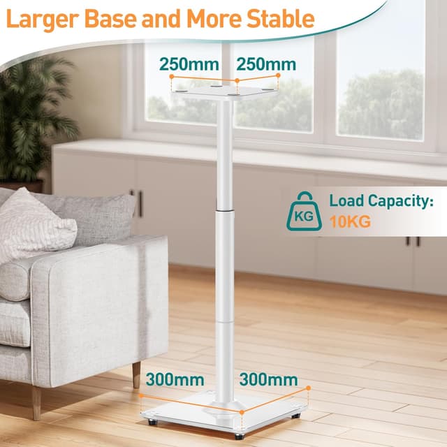 Detalle de ELIVED : 1 paire de supports universels pour enceintes d’étagère, hauteur réglable jusqu’à 95 cm (blanc)