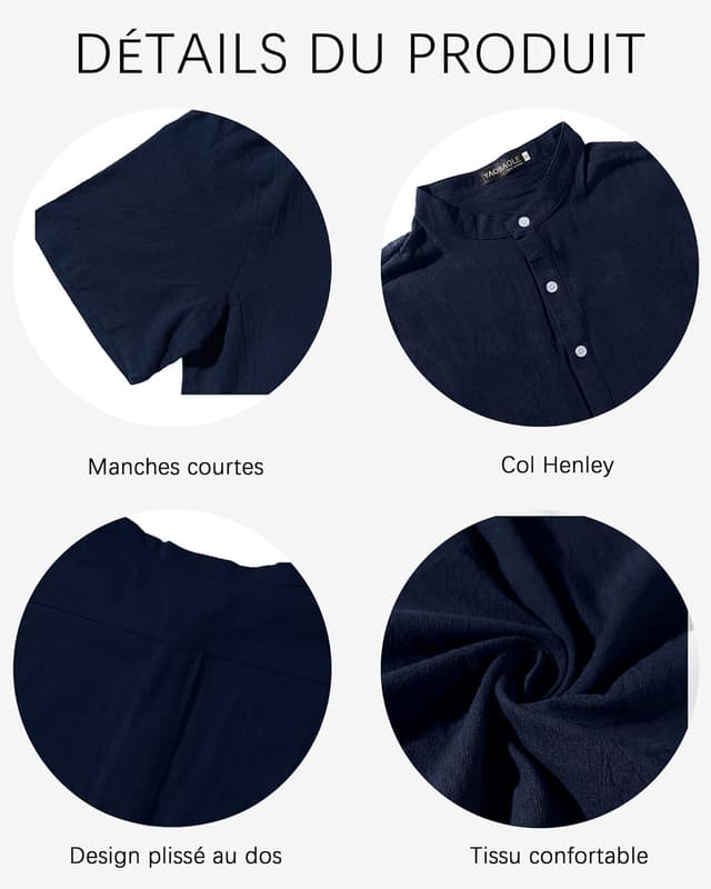 Detalle de Chemise en lin homme YAOBAOLE à manches courtes, col type polo, style Henley