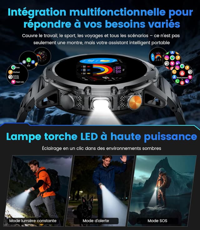 Detalle de FitVigor EF23 : montre connectée homme avec écran HD 1,53", batterie 1000 mAh, 3 bracelets et lampe LED