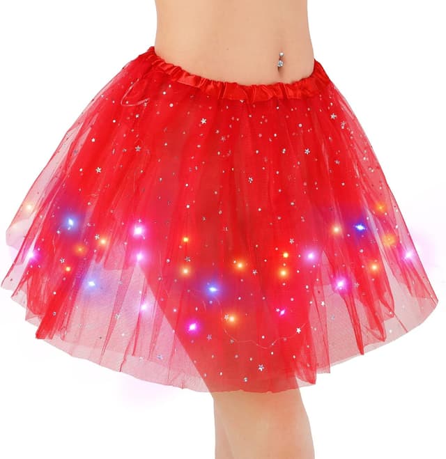 Detalle de Kefiyis LED-Tüllrock für Damen & Teenager mit Sternen-Pailletten, 9 Farben, elastischer Bund