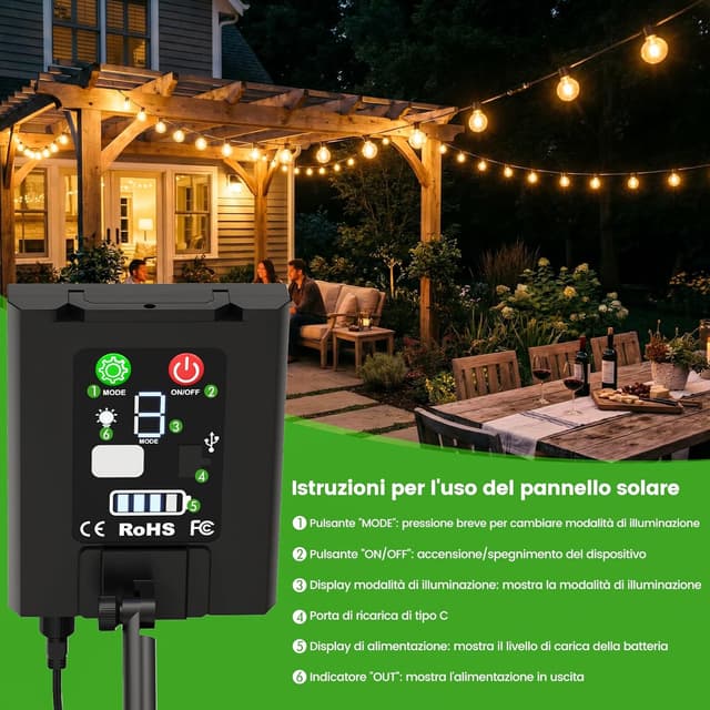 Thumbnail 6 de FGRYB Catena luminosa da esterno solare FGRYB con lampadine G40 da 15 m, ricarica ibrida USB-C e telecomando