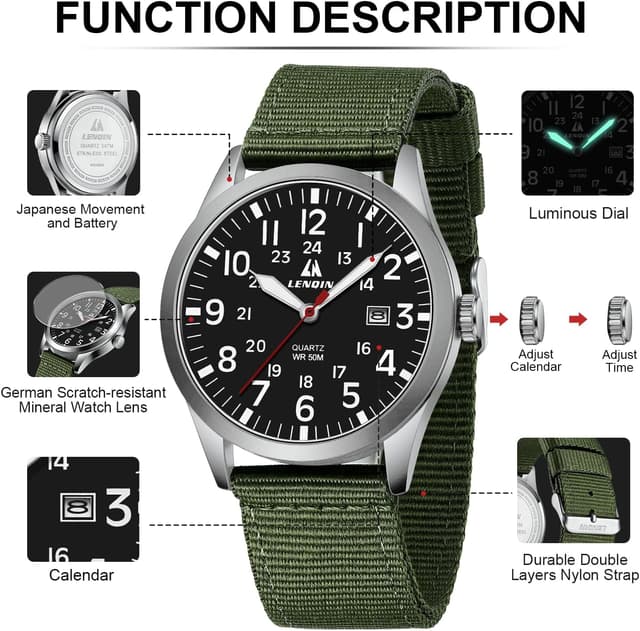 Detalle de LN LENQIN men’s military-style analog quartz watch with date, 42mm steel case & nylon strap (water-resistant 3 ATM)