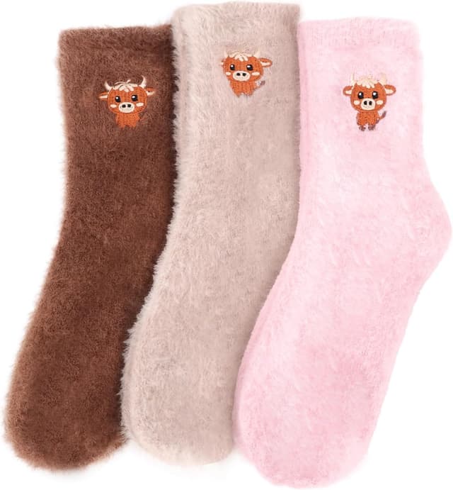 Detalle de QBEJIME Highland Cow Gifts for Women: 3 Pairs Fluffy Socks (UK 4–8)