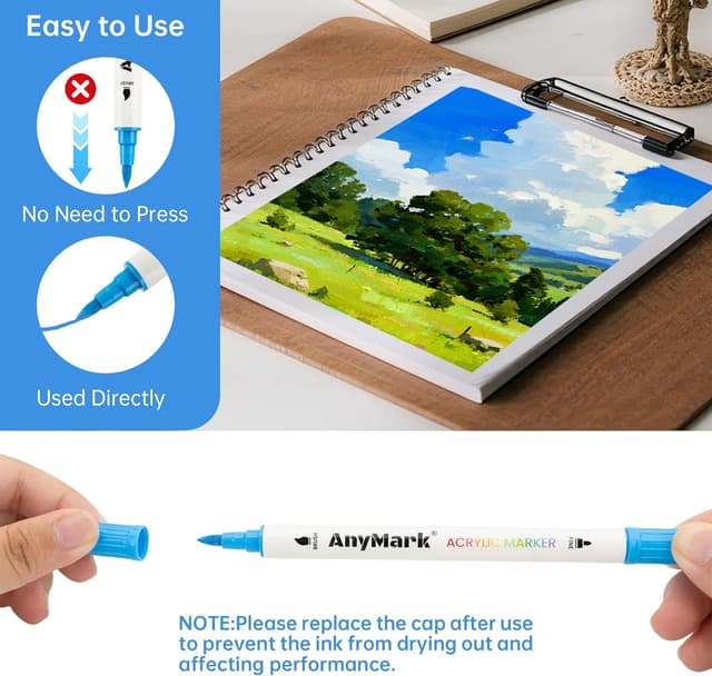 Detalle de AnyMark 48 Farben Acrylstifte-Set mit Wasserfestem Dual-Tip (Pinsel- und Feinespitzenspitze)
