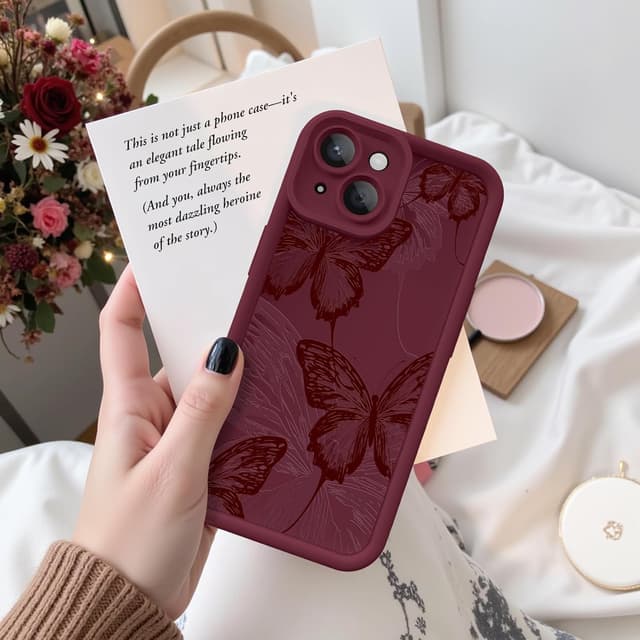 Detalle de FUXICASE iPhone 14 Case with Creative Butterfly Design (Burgundy Red Butterfly) — Soft Silicone & TPU Protection