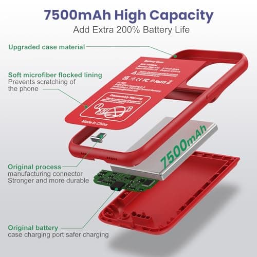 Detalle 1 de Feob Funda Batería para iPhone 16 Pro 🔋 7500mAh, Rojo