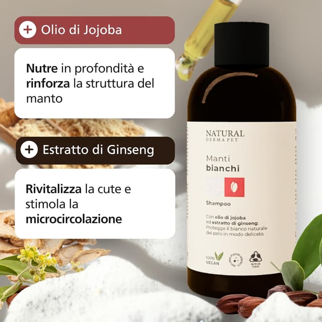 Detalle de Natural Derma Pet Shampoo per Cani Pelo Bianco 200 ml (100% vegan) per manti chiari e delicati