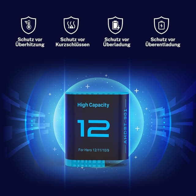 Detalle 2 de OHZHAO 2er-Pack Upgrade 2580 mAh Hero-Akku + 3-Kanal USB-Ladegerät für GoPro Hero 12/11/10/9 Black