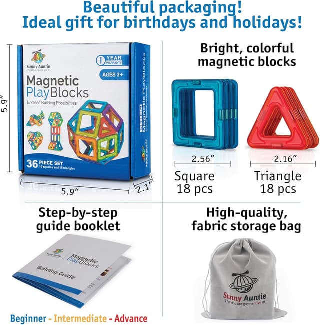 Detalle de Magnetic Building Blocks & Tiles Set (36 pcs) for ages 3–8 – STEM magnetic construction toy