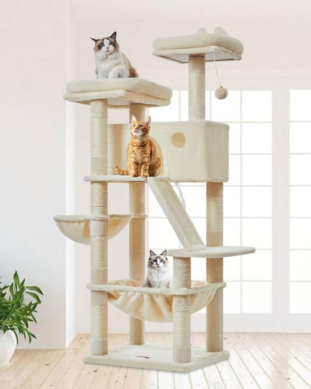 Detalle de Taoqimiao 146cm Cat Tree (MS026M) with 8 Sisal Scratching Posts, Hammock & 2 Top Perches