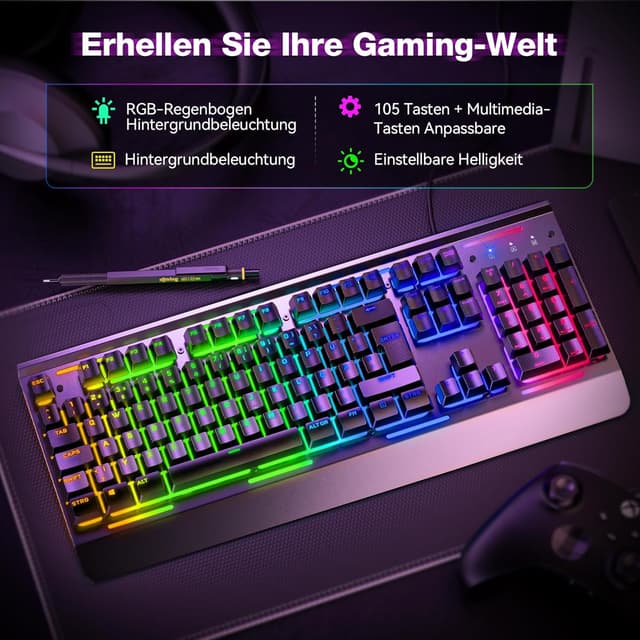 Detalle 2 de TECKNET RGB Gaming Tastatur 105 Tasten ⌨