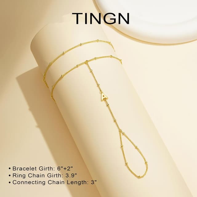 Detalle de TINGN bracelet pour femme en plaqué or 14 carats avec chaînette de lettres et taille réglable