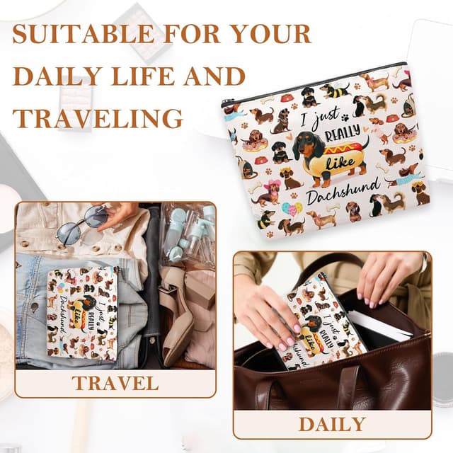 Detalle 2 de Cute Dachshund Makeup Bag – Canvas zip pouch for dachshund lovers, travel & daily essentials