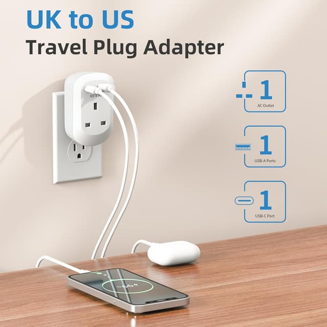 Detalle 2 de EINNO UK to US Plug Adaptor 3-in-1 with USB-C & USB-A (Type B) for US, Canada, Mexico and more