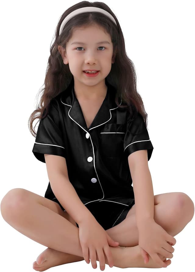 Detalle de SWOMOG Girls Silk Pyjamas Short Sleeve Satin Button-Down 2-Piece Set (Kids)