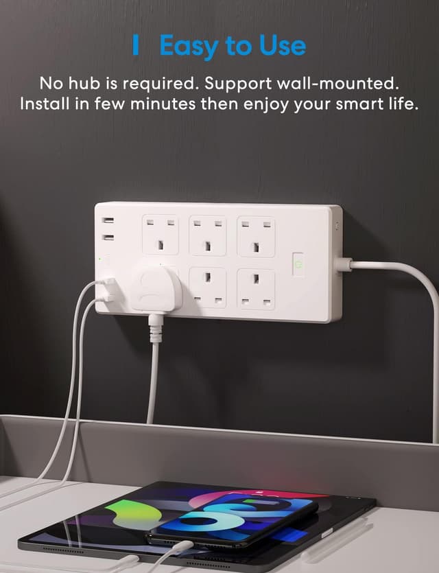 Detalle de Meross Smart Power Strip (6 Outlets + 4 USB Ports) with HomeKit & Alexa control, 6ft lead